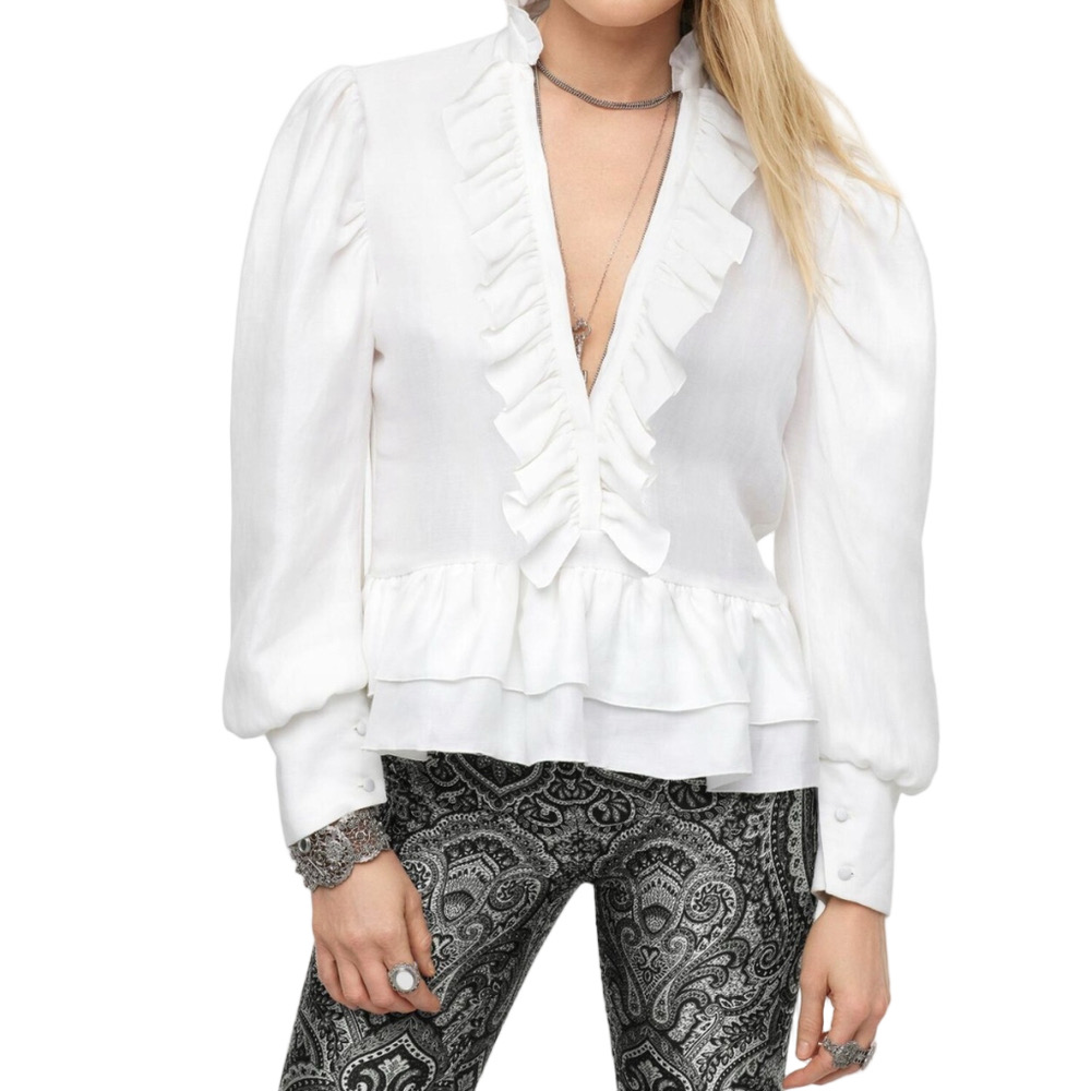 Zara Ivory Long Sleeve Ruffles Pullover V-Neck Peplum Top Size XS